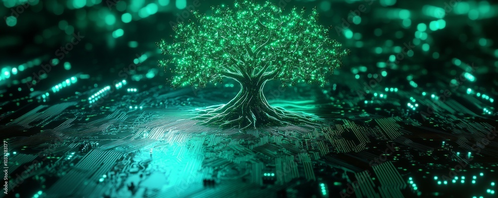 Poster glowing digital tree on circuit board, futuristic technology concept