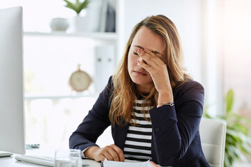 Fatigue, headache and businesswoman in office with burnout working on project with deadline....
