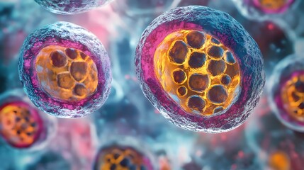 Microscopic View of Colorful Cells with Internal Structures