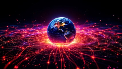 Obraz premium Fiber optic cables around Earth, USA nightlights