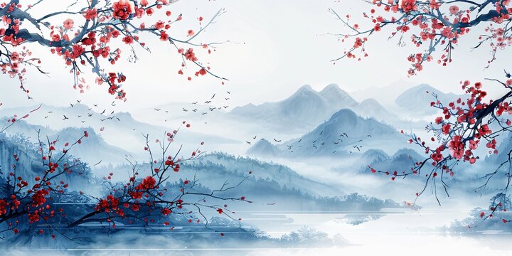 Chinese Illustration: Plum Blossoms in the Cold with Misty Mountains and Minimalist Background.