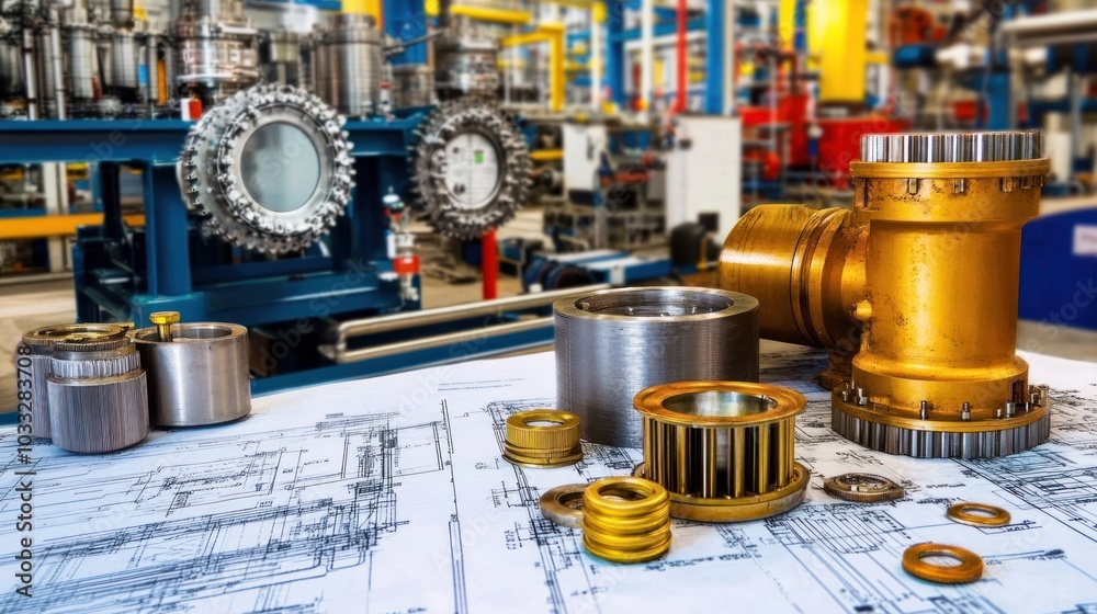 Poster Metal Machine Parts and Blueprint in Factory Setting