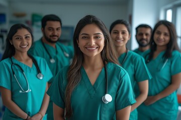 Smiling medical team of healthcare professionals in green scrubs working together at hospital.
