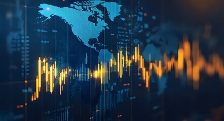 Stock market candlestick chart with a global map background, in blue and yellow colors, against a dark blue background, with a blurred background, 