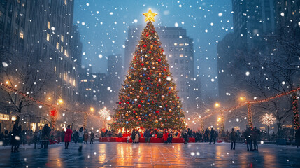 A large Christmas tree stands majestically in the middle of a city square in the United States, decorated with colorful lights, glass balls, and a gold star on top, Ai generated images