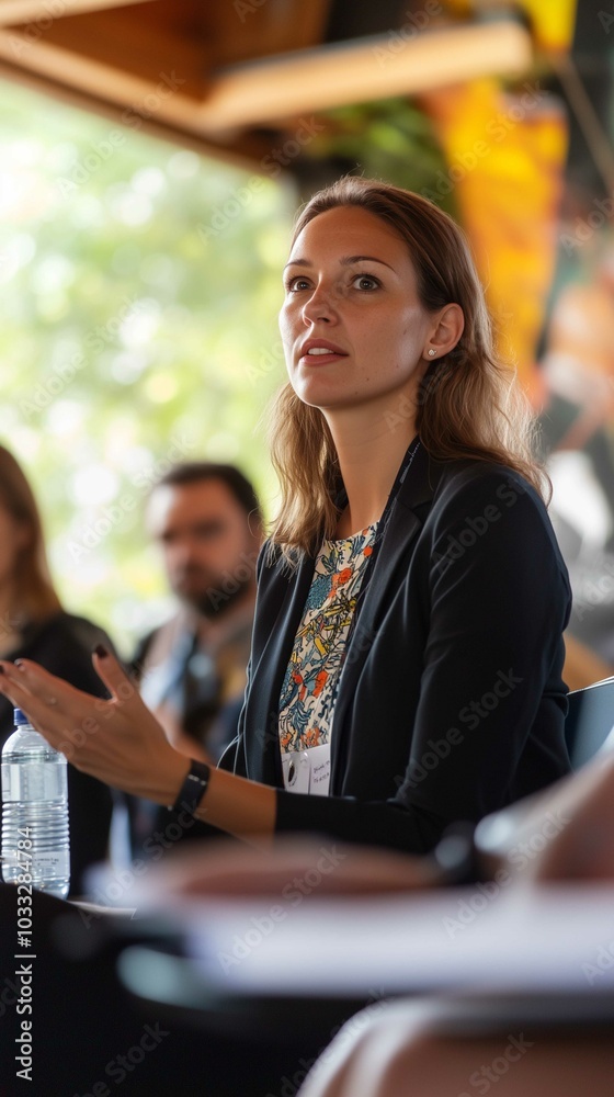 Wall mural business woman speaking at a workshop with colleagues in a conference setting