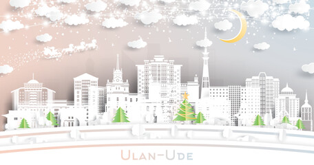 Ulan-Ude Russia. Winter city skyline in paper cut style with snowflakes, moon and neon garland. Christmas and new year concept. Santa Claus on sleigh. Ulan-Ude cityscape with landmarks.