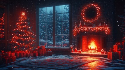 Obraz premium Cozy winter scene with a decorated tree, fireplace, and snow outside.