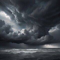 Obraz premium Dramatic landscape featuring a vast, open field under a cloudy sky filled with dark, swirling storm clouds, captures the contrast between the lush green of the land and the ominous, black clouds above