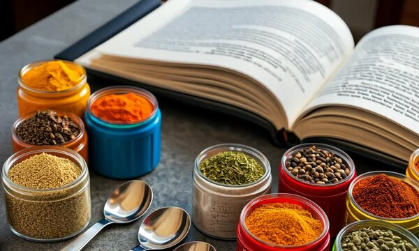 A colorful array of spices in jars next to a cookbook and spoons, highlighting culinary creativity.
