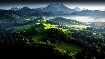 Majestic Mountain Range With Lush Green Hills And Forest In Morning Light