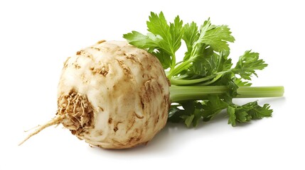 celery root with leaf isolated on white background. Celery isolated on white. 