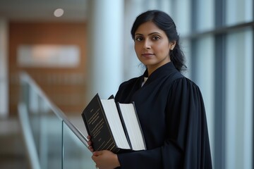 Focused Indian lawyer in black professional attire holding legal books, symbolizing justice and dedication