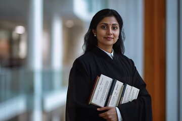 Indian woman lawyer in black robe holding legal books, exuding professionalism and authority