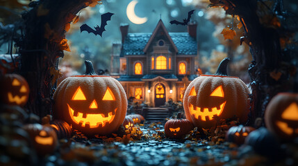 Obraz premium Charming Miniature Diorama of a Halloween Landscape with Carved Pumpkins and a Victorian Cottage Under a Spooky Moon
