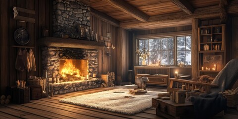 Cozy wooden cabin with fireplace and snowy view.