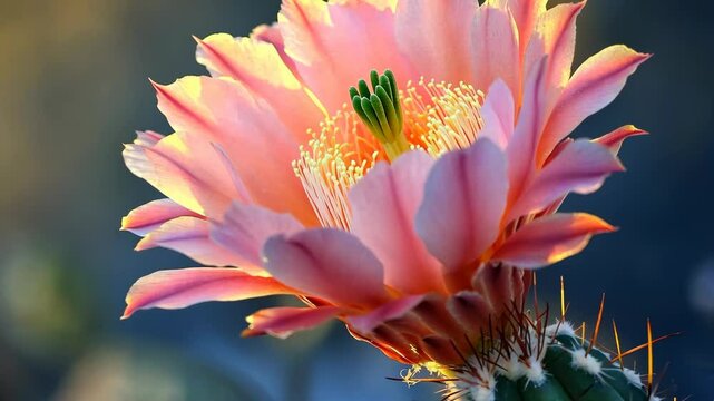 A close-up of a pink cactus flower blooming in the afternoon sun