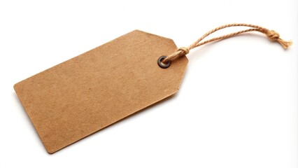 Photo of a low angle brown tag with string on white background