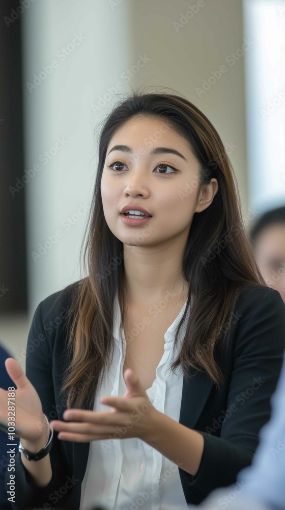 Wall mural asian business woman speaking at a workshop with colleagues in a conference setting