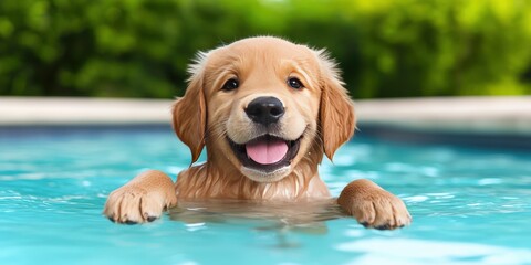 Golden Retriever Puppy Swimming in Pool   Summer Fun   Pet Photography