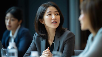 Asian business woman speaking at a workshop with colleagues in a conference setting
