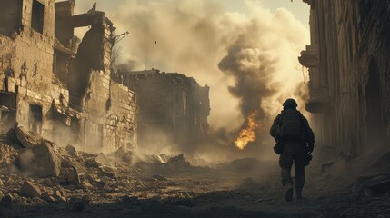 A soldier walks through a war-torn city.