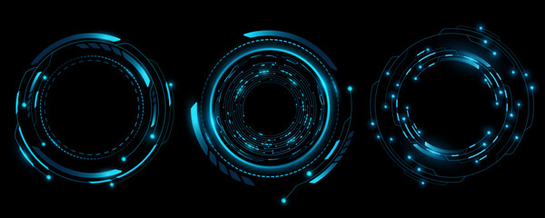 Glowing HUD circles set. Futuristic elements for sci-fi interface. Abstract technology. Digital hi-tech object for ui and gui design. Cyber frame. Vector illustration. EPS 10.