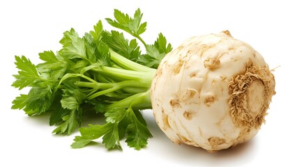 celery root with leaf isolated on white background. Celery isolated on white. 