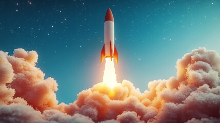 Fototapeta premium A rocket blasts off from a flat, angled surface, appearing to shoot right out of the picture.