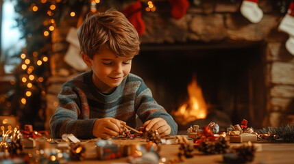 Cheerful Boy Kneeling Near Fireplace for Holiday Prep