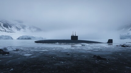 Submarine in icy waters near snowy mountains.