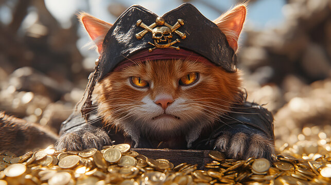 A Disgruntled Orange Cat Dressed as a Pirate Perched on a Treasure Chest Filled with Gold on a Sunny Beach