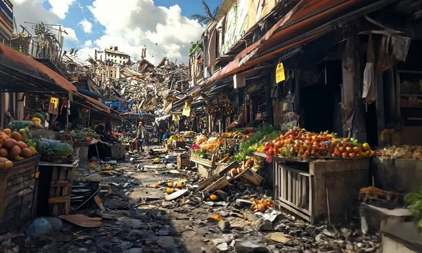 A devastated market scene with scattered debris and vibrant fruit stalls amidst destruction.