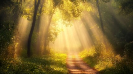 Sunbeams stream through the trees in a misty forest, illuminating a path that leads into the distance.