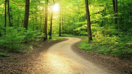 Obraz premium A winding dirt path through a lush green forest with sunlight streaming through the trees.