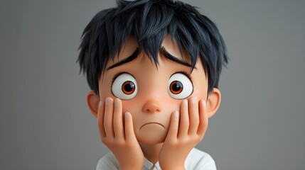 Young Asian boy with a frown, hands covering his face in sorrow, 3D cartoon design, white shirt, light soft background symbolizing emotional vulnerability