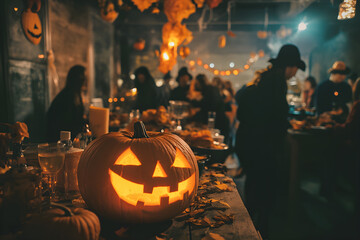 A lively Halloween party featuring guests in creative costumes, surrounded by spooky decorations and carved pumpkins. The scene blends a fun and eerie atmosphere, perfect for capturing the festive spi
