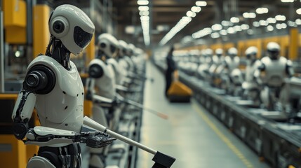 Fototapeta premium A row of robots in a factory setting.