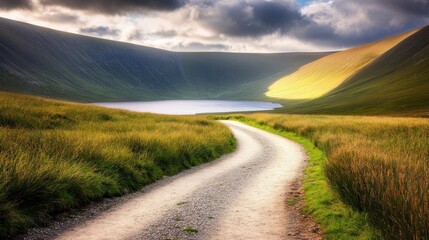 Winding Dirt Road Leading to a Mountain Lake Under a Cloudy Sky