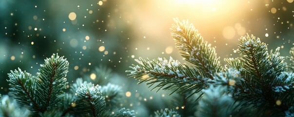 Winter Wonderland: A Snow-Covered Pine Branch Illuminated by Soft, Glowing Light