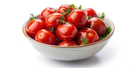 Pickled red tomatoes in a bowl isolated on white background, high angle view