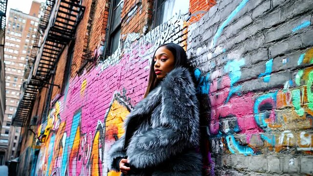 African American model poses in silver fox fur coat against graffiti backdrop