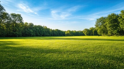 Obraz premium A wide grassy field with a forest in the background under a blue sky with white clouds.