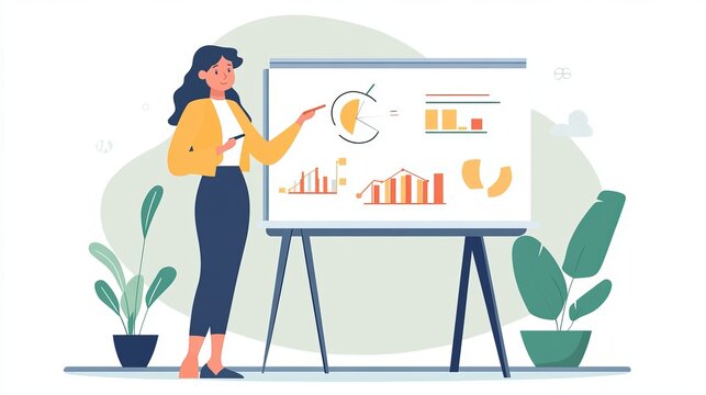 A woman is giving a presentation at a business seminar, using a pointer to highlight key points on a whiteboard.