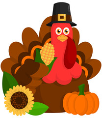 Thanksgiving turkey with a corn, a pumpkin and a sunflower