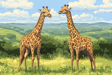 Obraz premium Two giraffes standing in a lush green landscape under a blue sky with fluffy clouds.