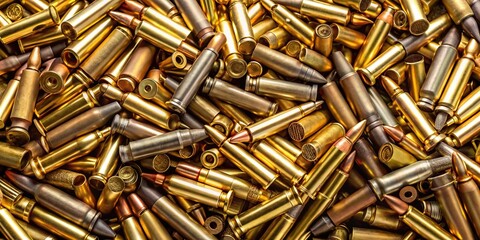 Pile of various types of bullets and bullet cases in panoramic view