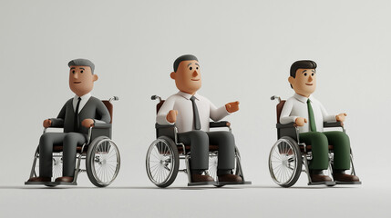 3D illustration of confident lawyers in wheelchairs, dressed in suits with elongated bodies and minimalistic faces, set against a white background. The lawyers sit sideways, gesturing with thumbs