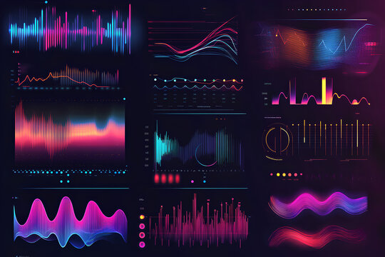 Sound waves equalizer collection in futuristic colors. Frequency audio waveform, music wave, circle bar, voice graph signal in HUD style. Set Audio waves. Microphone voice and sound recognition