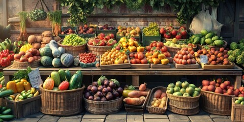 Fresh produce market stall with various fruits and vegetables.